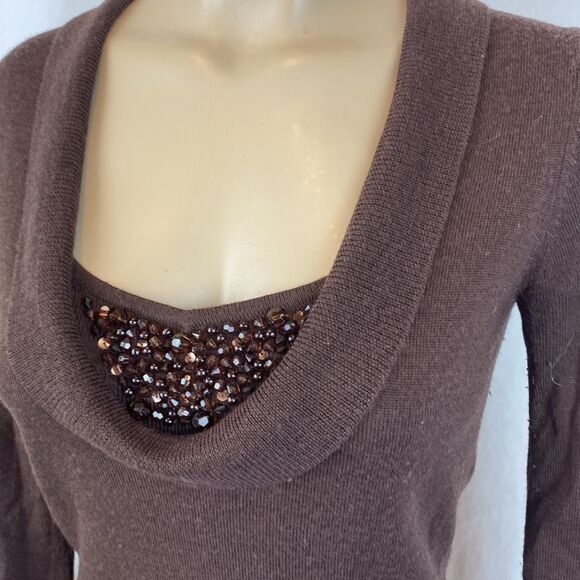Vertigo Brown Rhinestone Bodice Half Sleeve Drape Neck Knit Sweater Top M - Picture 3 of 4